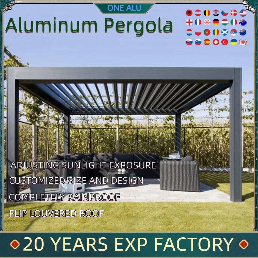 Aluminum bioclimate Pergola  customized size aluminum alloy rain protection  With Motorized manual Screen Set Louvered shutter