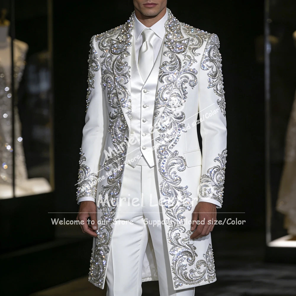 Brilliant Beaded Crystals Men Suits Attire Long Customized Single Breasted Jacket Vest Pants 3 Piece Set Groom Wedding Tuxedos