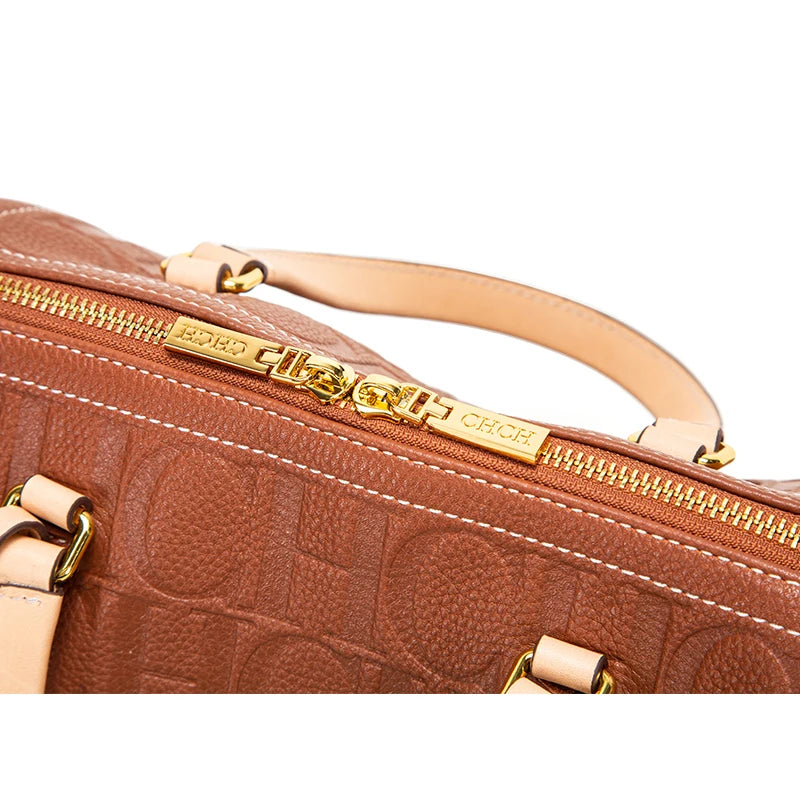 Vintage-Inspired Women's Solid Cowhide Tote Bags Embossed Geometric Patterns Gold-Toned Hardware