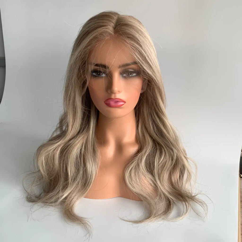 Ash Blonde Silk Top Silicone Cap Medical Gluless Wig Replacement European Human Hair For Alopecia Or Cancer