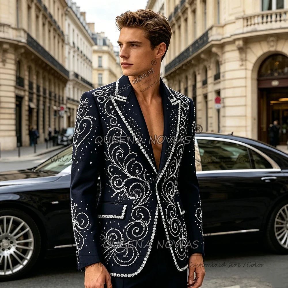 Brilliant Wedding Suit For Men Beaded Stones Groom Prom Blazer Customized Single Breasted Jacket Pants 2 Piece Terno Masculinos