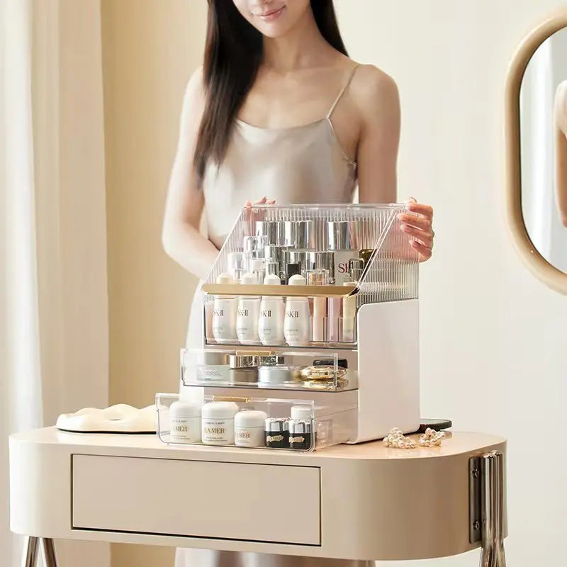 High appearance makeup case cross-border dustproof large capacity multi-layer semi transparent makeup light luxury storage