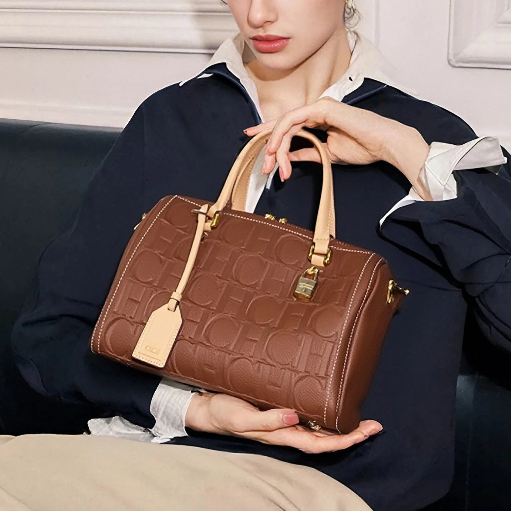 Vintage-Inspired Women's Solid Cowhide Tote Bags Embossed Geometric Patterns Gold-Toned Hardware