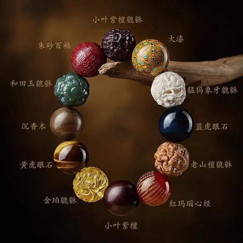 Collectible Hetian Jade Multi-Gem Bracelet Play Jade Mammoth Ivory Pixiu Buddha Beads Cultural Play Handheld Piece