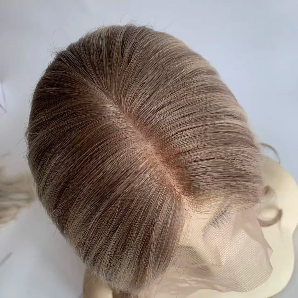Ash Blonde Silk Top Silicone Cap Medical Gluless Wig Replacement European Human Hair For Alopecia Or Cancer