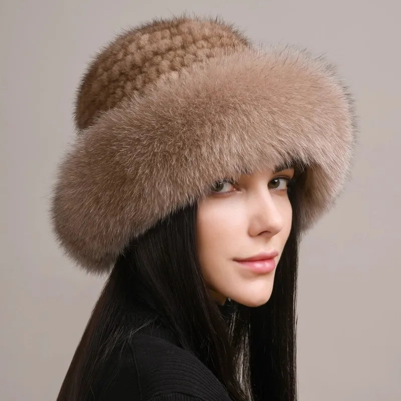 New Genuine Real Natural Knitted Mink Fur Hat Cap Real Fox Fur BeaniesLuxury Women Handmade Knit Fashion Winter Warm Headwear