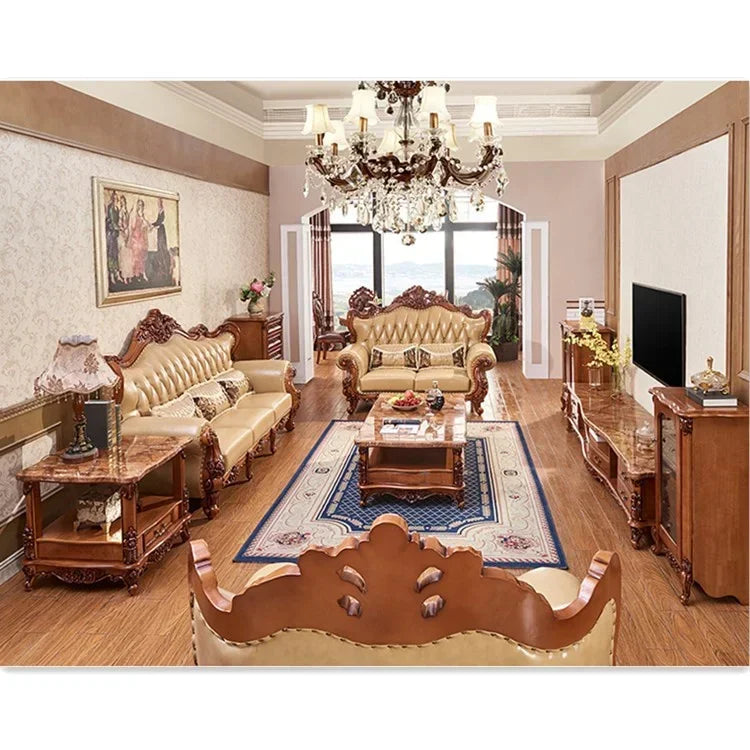 L # European Style Luxury Home Living Room Sofa Set Furniture Modern Genuine Leather Sofa Set