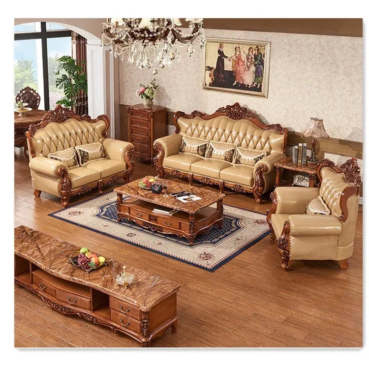 L # European Style Luxury Home Living Room Sofa Set Furniture Modern Genuine Leather Sofa Set