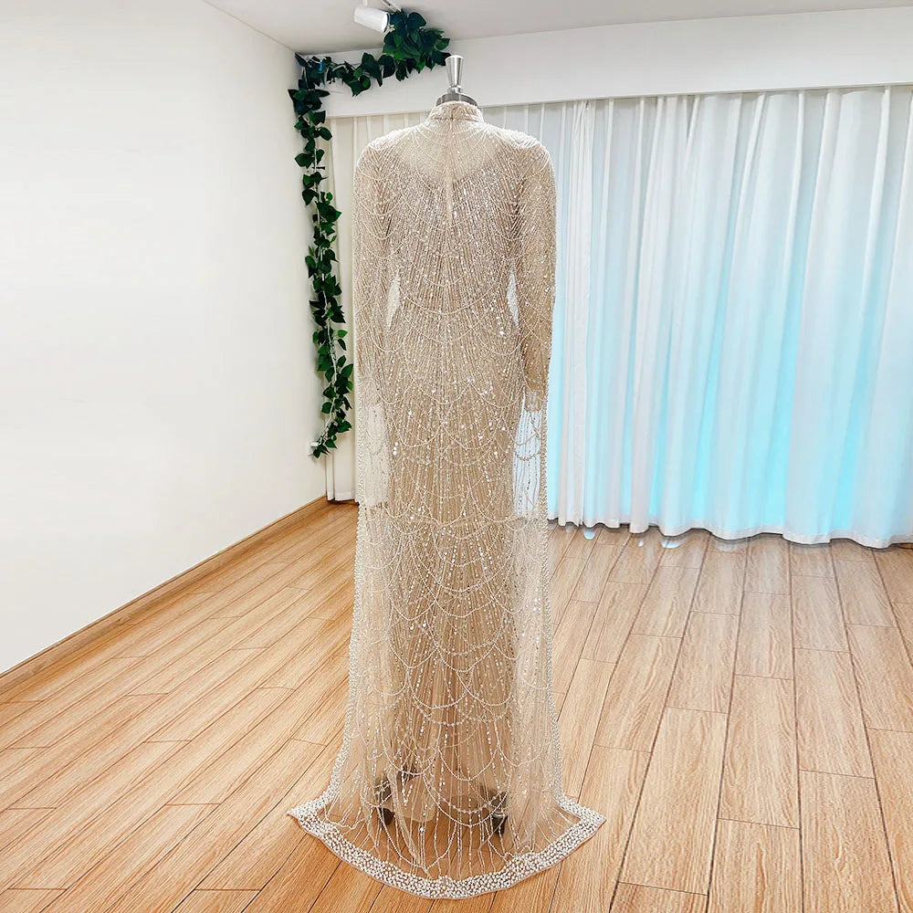 Luxury Pearls Dubai Arabia Evening Dress with Cape 2026 Mermaid Long Sleeves Formal Prom Wedding Party Gown for Women Customized