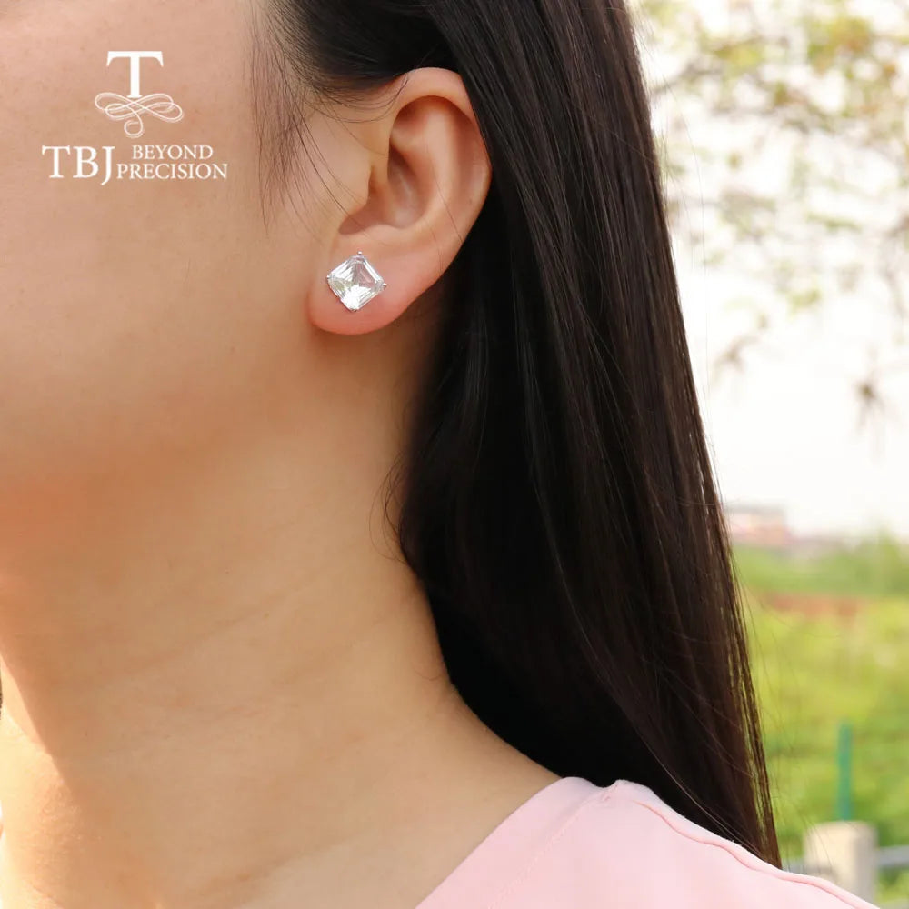 14K white gold natural white Quartz square 10mm Special cutting gemstone earrings simple design for women anniversary gift
