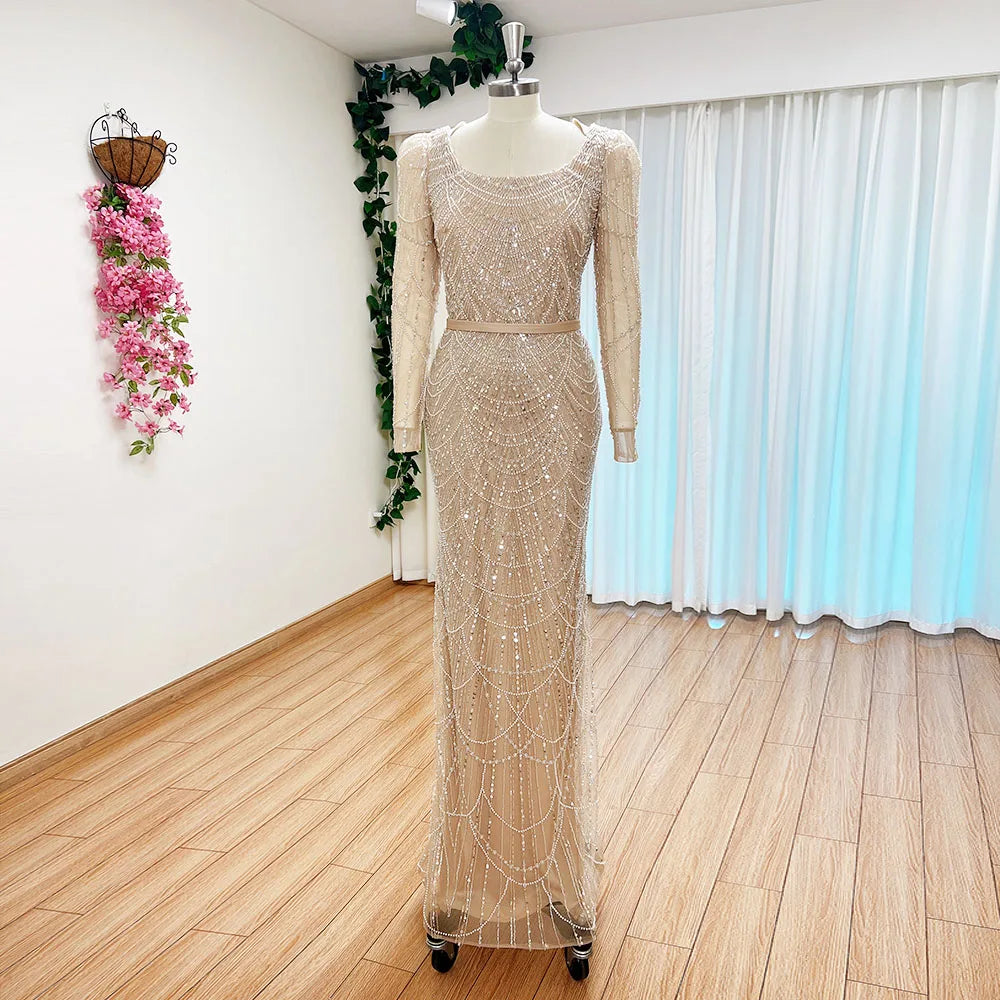 Luxury Pearls Dubai Arabia Evening Dress with Cape 2026 Mermaid Long Sleeves Formal Prom Wedding Party Gown for Women Customized