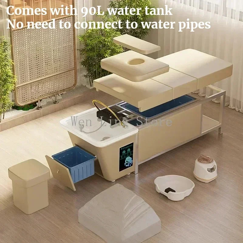 2025 Professional 90L Water Tank Hair Washing Massage Table Shampoo Bowl Bed Spa Heated Head Water Therapy Bed Shampoo Bed