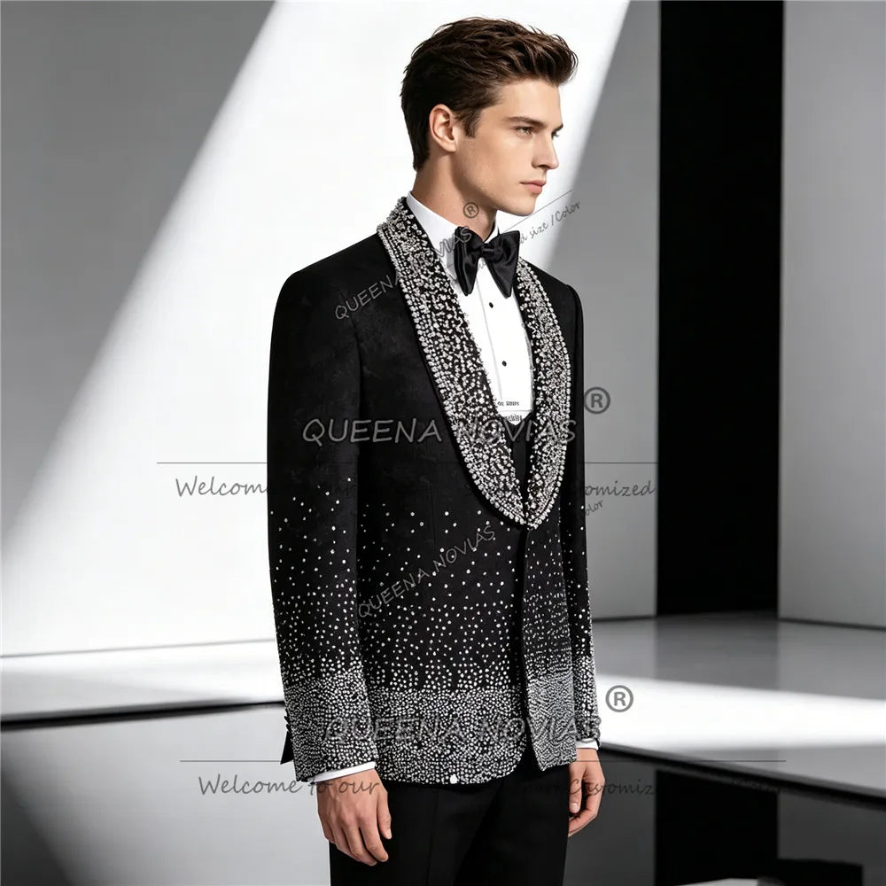 Exclusive Men's Suit For Wedding Rhinestone Beaded Groom Blazers Custom Made Man Catwalk Style Tuxedo Attire trajes para hombre