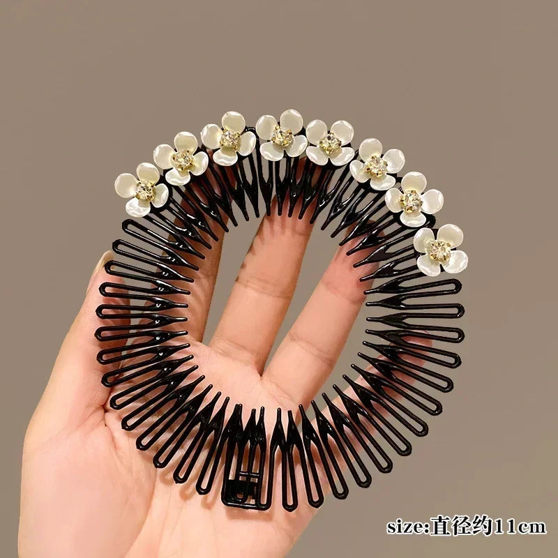 Stretch Pearl Flower Hairbands for Women Plastic Flexible Circle Headband Wavy Hair Hoop Face Wash Fixed Korean Hair Accessories