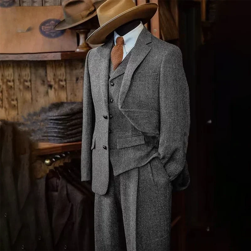 Men's Suits Blazer Pants Vest 3-piece Suit Herringbone Single Breasted Slim Fit Men Suit Set Luxury 2025 Costumes Man Formal