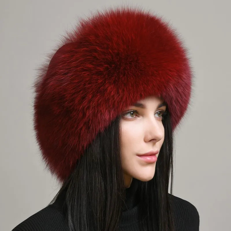 New Real fox fur hat Women winter genuine ethnic style mongolian hat Girls outdoor warm ear protection 100% real fox fur hat
