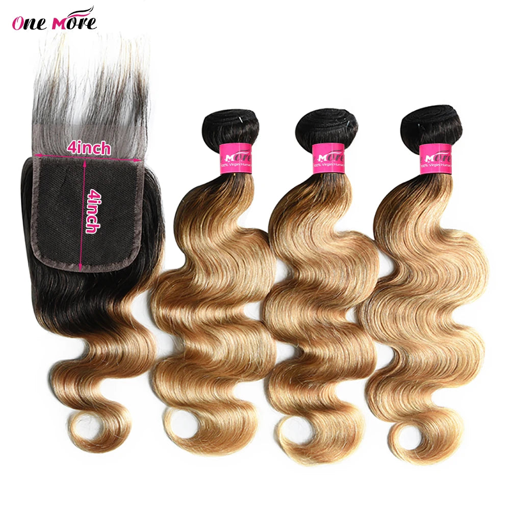1B 27 Honey Blonde Bundles With Closure 4x4 Inch Body Wave Bundles With Closure 100% Human Hair Bundles with Closure Free Part