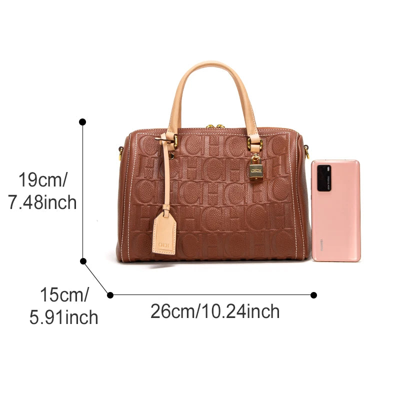 Vintage-Inspired Women's Solid Cowhide Tote Bags Embossed Geometric Patterns Gold-Toned Hardware
