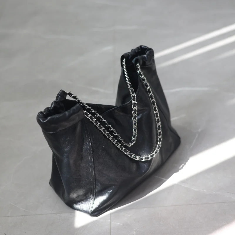 Women's Genuine Leather Large Capacity Tote For 2024 Winter Luxury Designer Chain Shoulder Bags Suitable For Working Traveling