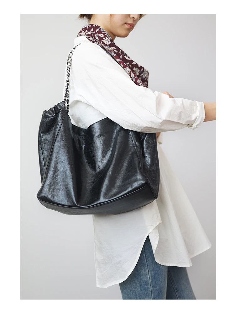Women's Genuine Leather Large Capacity Tote For 2024 Winter Luxury Designer Chain Shoulder Bags Suitable For Working Traveling