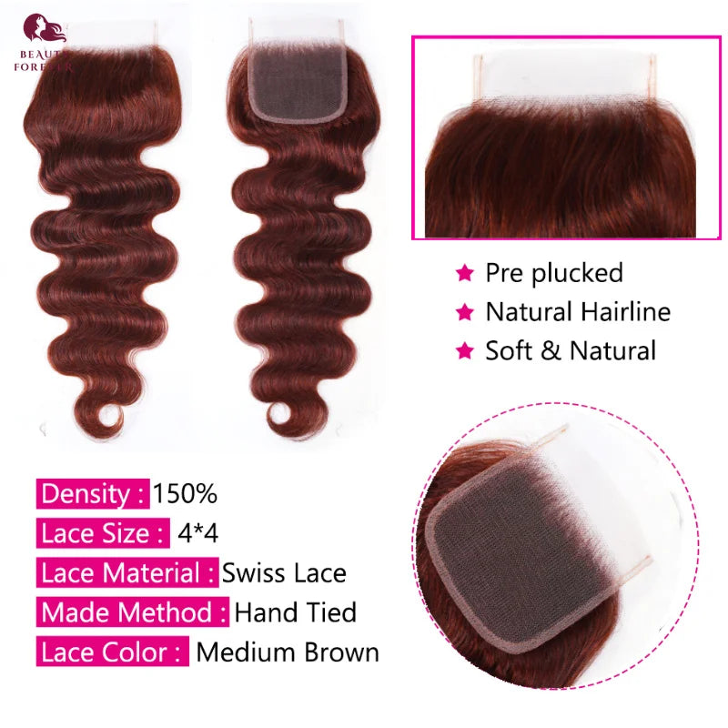 Grade 12A Colored Human Hair Bundles With Closure Reddish Brown Brazilian Body Wave 3 Bundles With 4x4 Lace Closure For Women