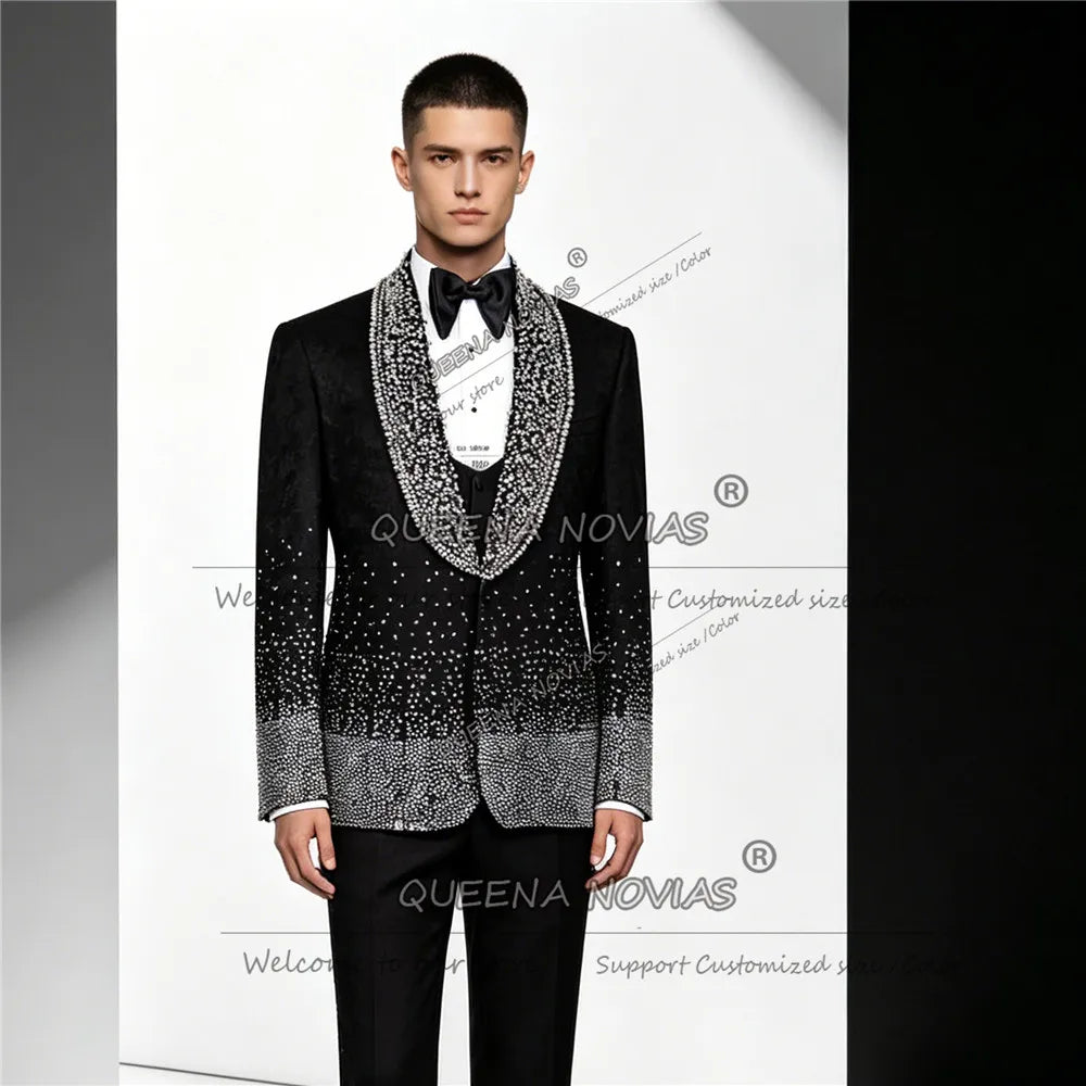 Exclusive Men's Suit For Wedding Rhinestone Beaded Groom Blazers Custom Made Man Catwalk Style Tuxedo Attire trajes para hombre