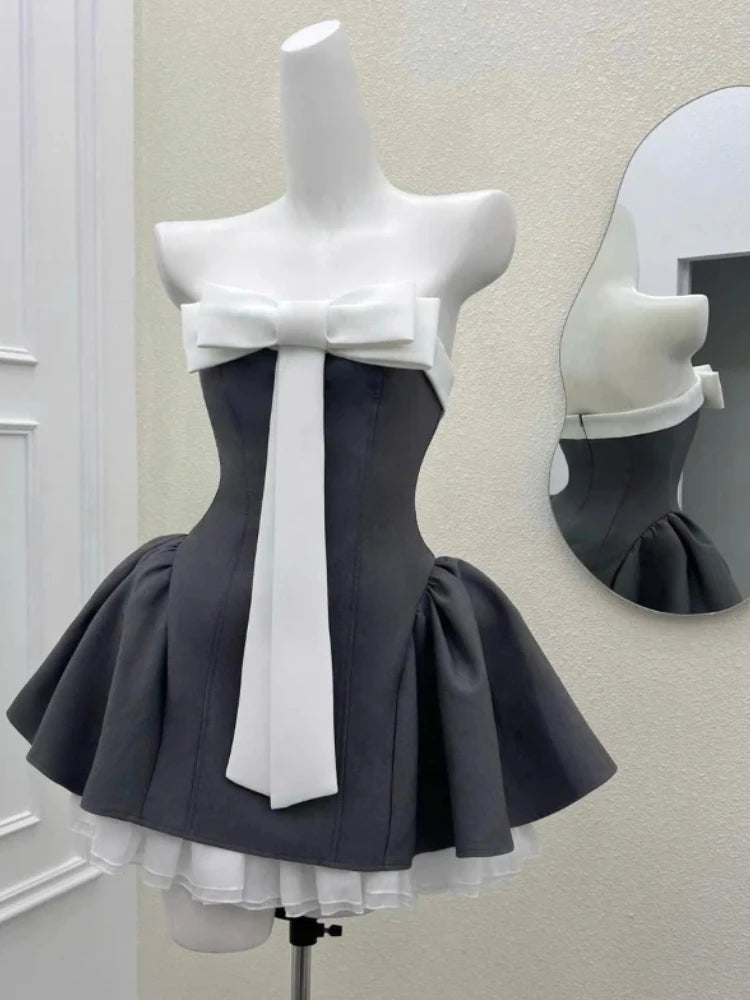 Vintage Elegant Woman Dress Strapless Bow Patchwork High Waist Puffy Mini Dress Female French Chic Sexy Outfits 2025 Summer New