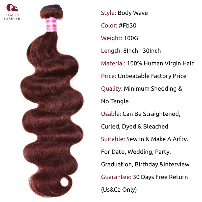 Grade 12A Colored Human Hair Bundles With Closure Reddish Brown Brazilian Body Wave 3 Bundles With 4x4 Lace Closure For Women