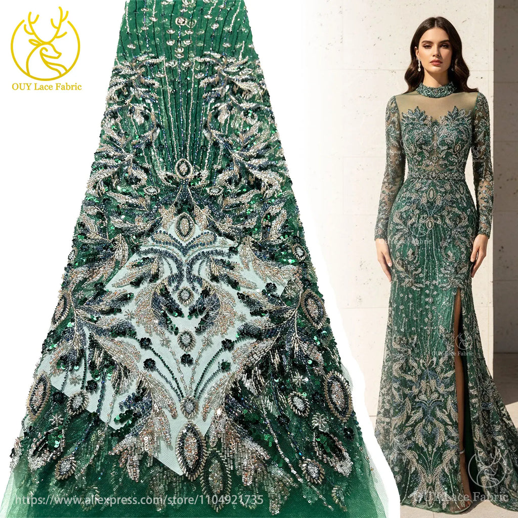 Green Luxury Precious French Handmade Heavy Beaded Lace Fabric High End African Nigerian Sequin Lace Wedding Party Dresses