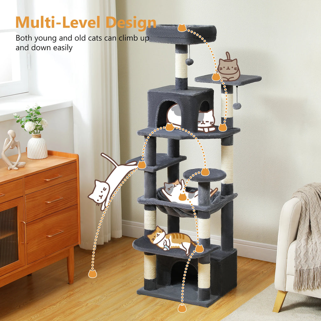 Tall Cat Tree with Scratching Posts Spacious Hammocks Large Condos Large Cat Tower for Indoor Cat Scratcher Cat Toys Accessories