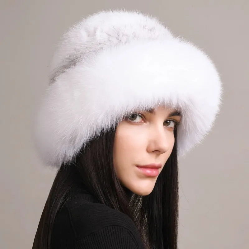 New Genuine Real Natural Knitted Mink Fur Hat Cap Real Fox Fur BeaniesLuxury Women Handmade Knit Fashion Winter Warm Headwear