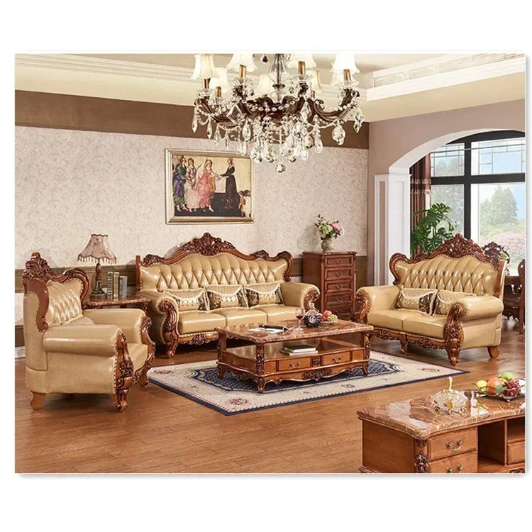 L # European Style Luxury Home Living Room Sofa Set Furniture Modern Genuine Leather Sofa Set