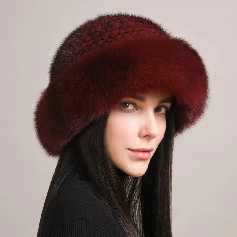New Genuine Real Natural Knitted Mink Fur Hat Cap Real Fox Fur BeaniesLuxury Women Handmade Knit Fashion Winter Warm Headwear