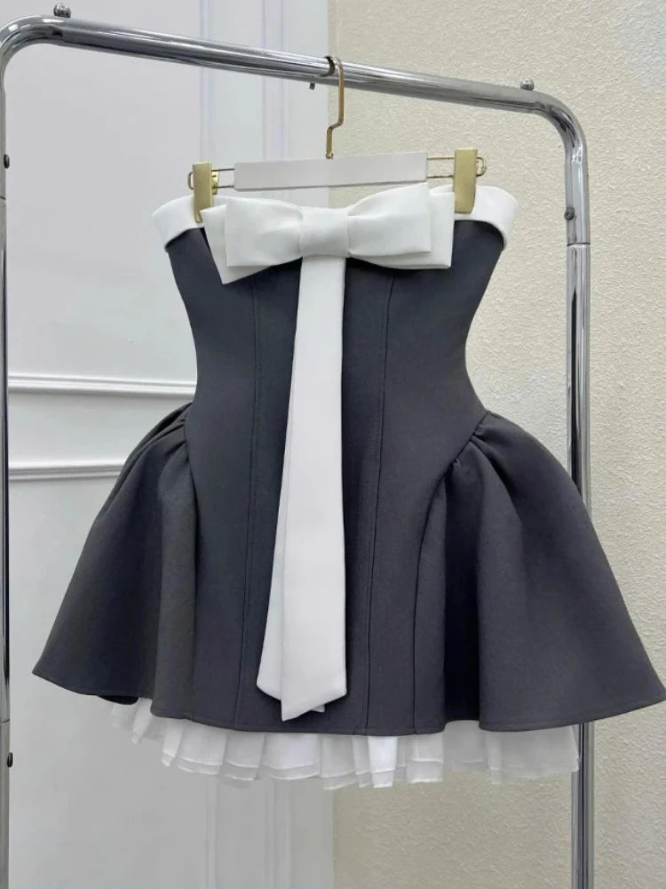 Vintage Elegant Woman Dress Strapless Bow Patchwork High Waist Puffy Mini Dress Female French Chic Sexy Outfits 2025 Summer New