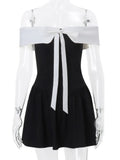 Vintage Elegant Woman Dress Strapless Bow Patchwork High Waist Puffy Mini Dress Female French Chic Sexy Outfits 2025 Summer New