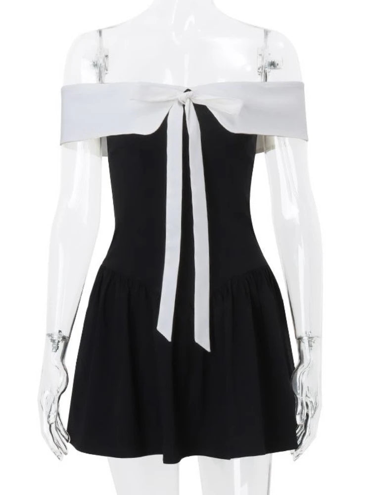 Vintage Elegant Woman Dress Strapless Bow Patchwork High Waist Puffy Mini Dress Female French Chic Sexy Outfits 2025 Summer New