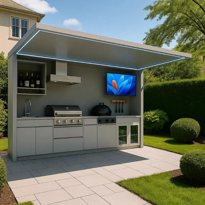Customized Black/grey Garden/patio Outdoor Bbq Kitchen Pod with Door Weatherproof 304 Stainless Steel Outdoor Kitchen with Shed
