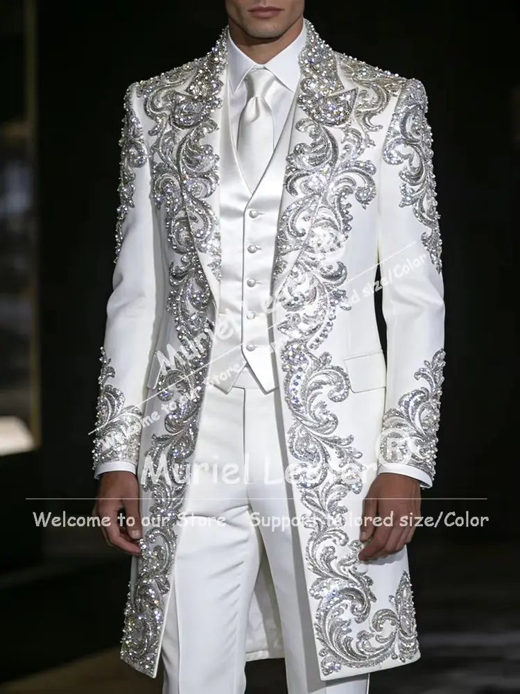 Brilliant Beaded Crystals Men Suits Attire Long Customized Single Breasted Jacket Vest Pants 3 Piece Set Groom Wedding Tuxedos