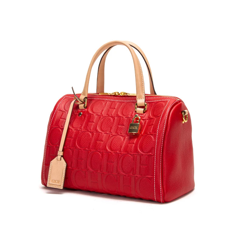 Vintage-Inspired Women's Solid Cowhide Tote Bags Embossed Geometric Patterns Gold-Toned Hardware