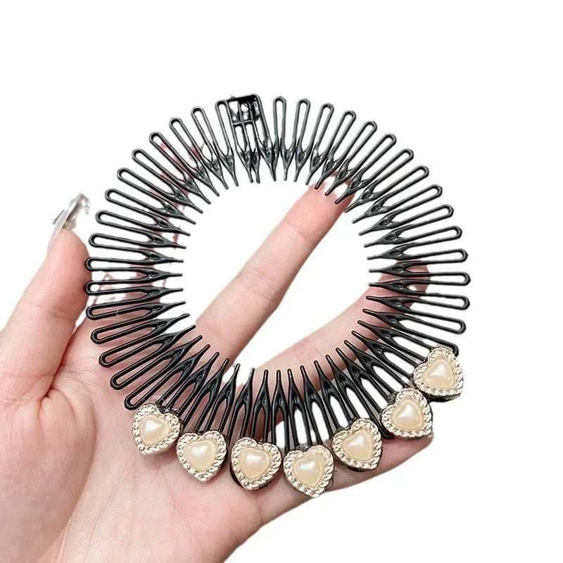 Stretch Pearl Flower Hairbands for Women Plastic Flexible Circle Headband Wavy Hair Hoop Face Wash Fixed Korean Hair Accessories