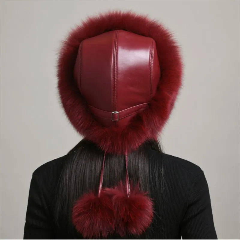 New Real fox fur hat Women winter genuine ethnic style mongolian hat Girls outdoor warm ear protection 100% real fox fur hat
