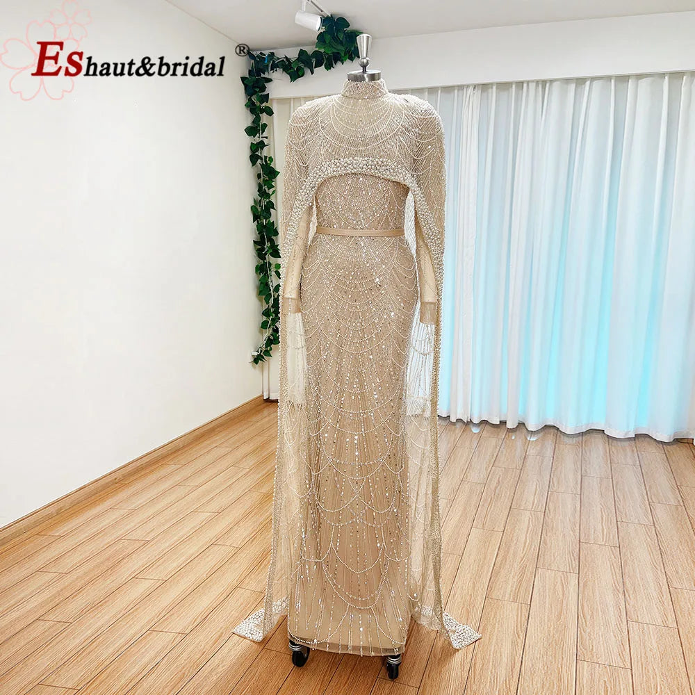 Luxury Pearls Dubai Arabia Evening Dress with Cape 2026 Mermaid Long Sleeves Formal Prom Wedding Party Gown for Women Customized