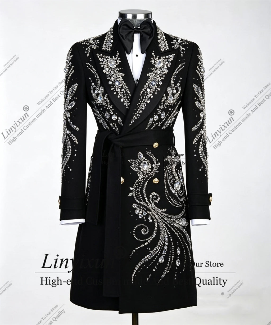 Shiny Crystal Beaded Men Suits Customized Long Coat Wedding Party Tuxedo 1Pieces Groom Male Blazers ropa hombre veste homme luxe